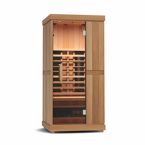 wooden infrared sauna on a white background.