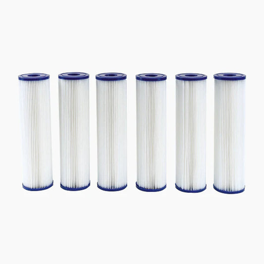 Six cylindrical filter cartridges with blue ends on a white background