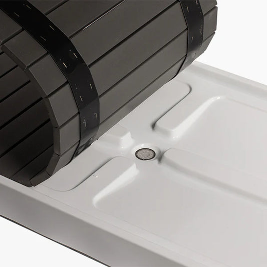 Close-up of a black mat on a white platform