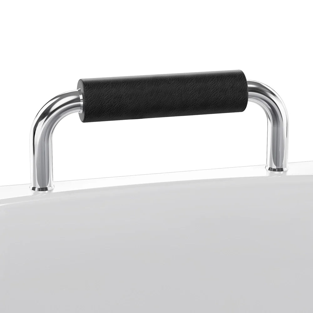 Metal handle with black rubber grip on a white background