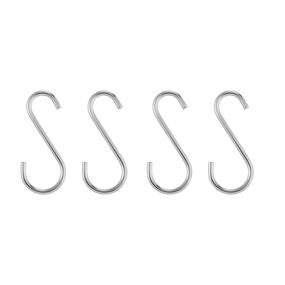 Four metal S-shaped hooks on a white background