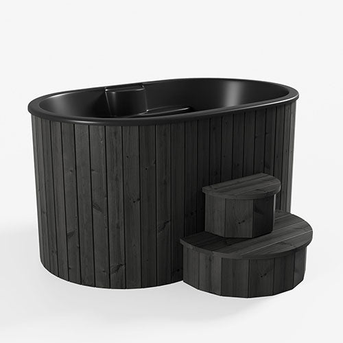 Black wooden hot tub with steps on a white background