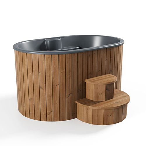 Wooden hot tub with steps on a white background