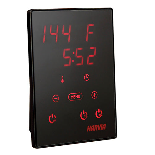 Digital temperature controller with red display on a black background, featuring the Harvia brand.