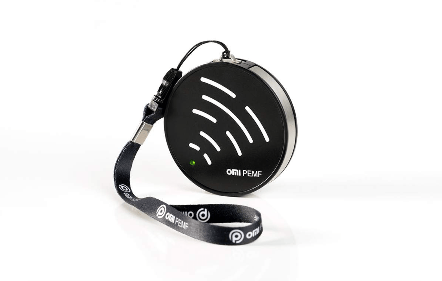Black PEMF device with a lanyard on a white background