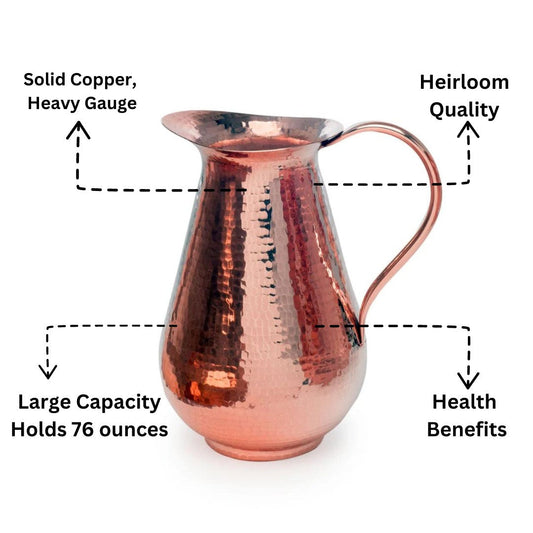 Copper pitcher with text highlighting features on a white background