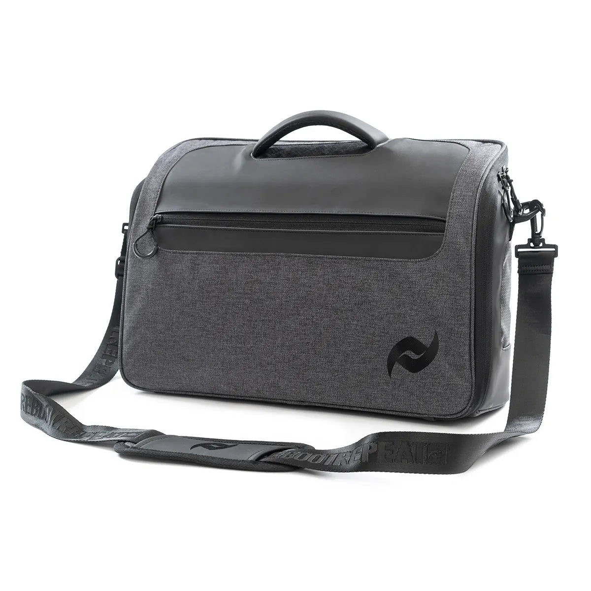Gray shoulder bag with a visible brand logo on a white background