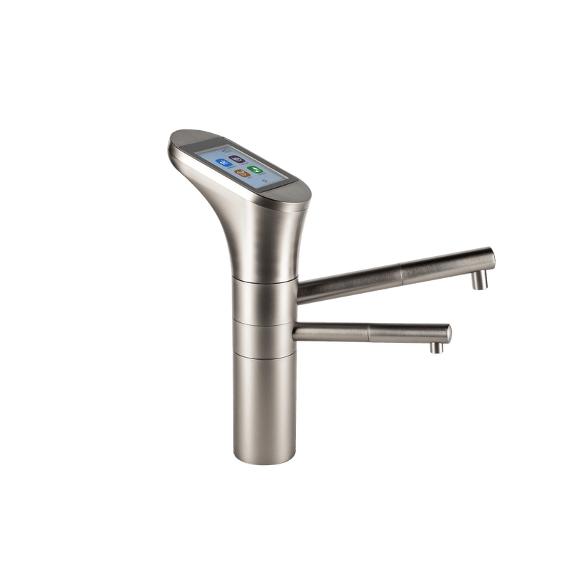 Stainless steel kitchen faucet with digital display on a transparent background