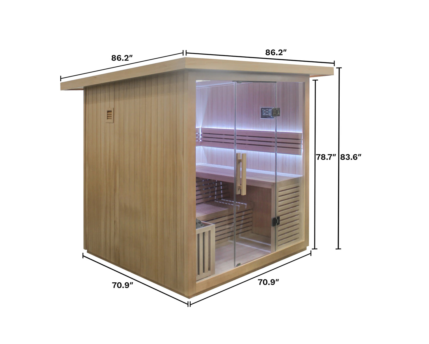Dimensions of a wooden sauna with glass door on a white background
