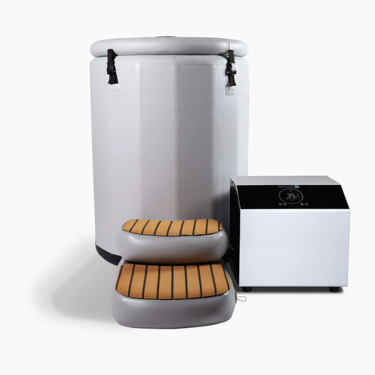 White Cold tub with wooden seat and chiller on a white background