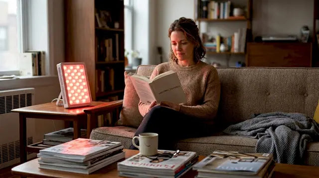 Woman sitting on the couch, reading and using red light therapy panel