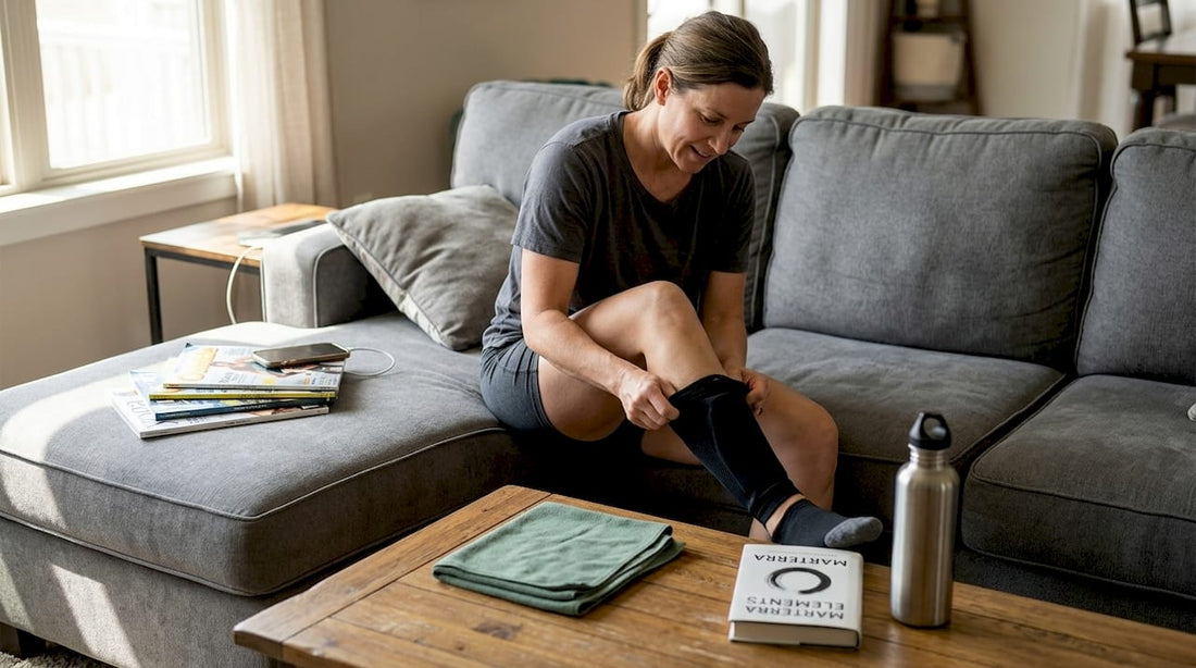 Woman using leg compression sleeve at home