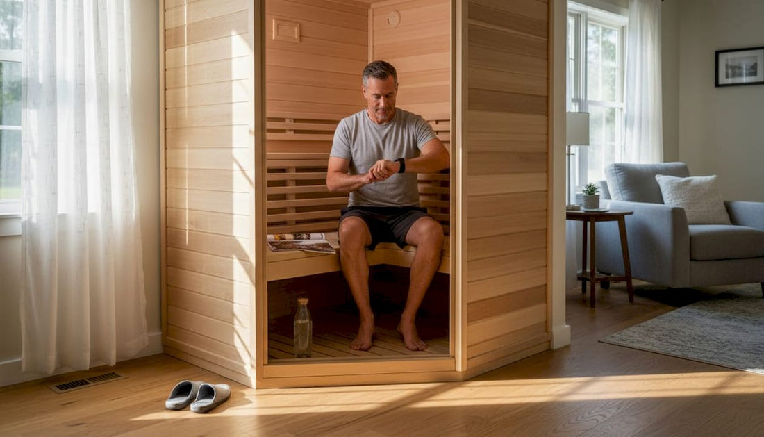 Man relaxing in home sauna inside living room