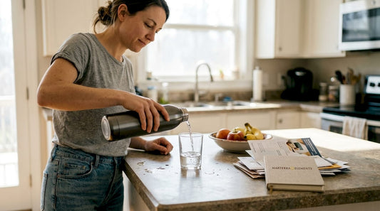 Woman pouring hydrogen water in kitchen
