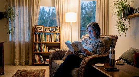 Woman reading under blue chromotherapy light