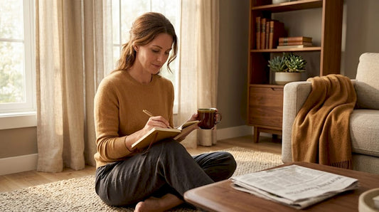Woman journaling stress management routine at home