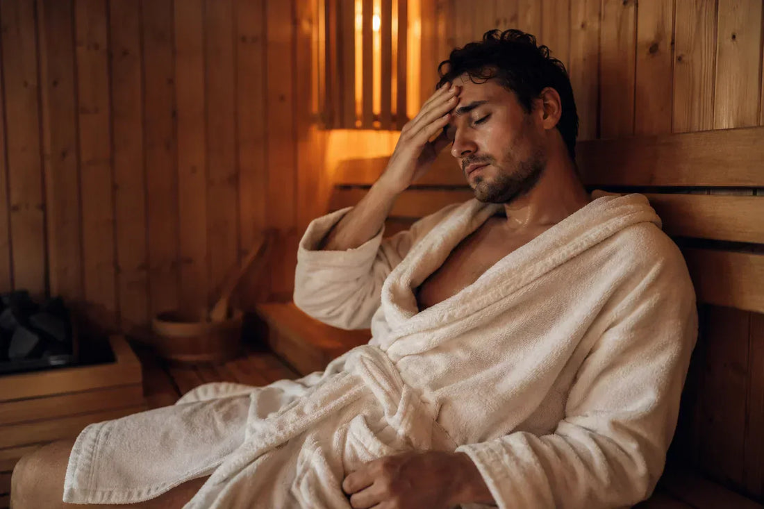 Man in sauna wearing a white robe, sweating