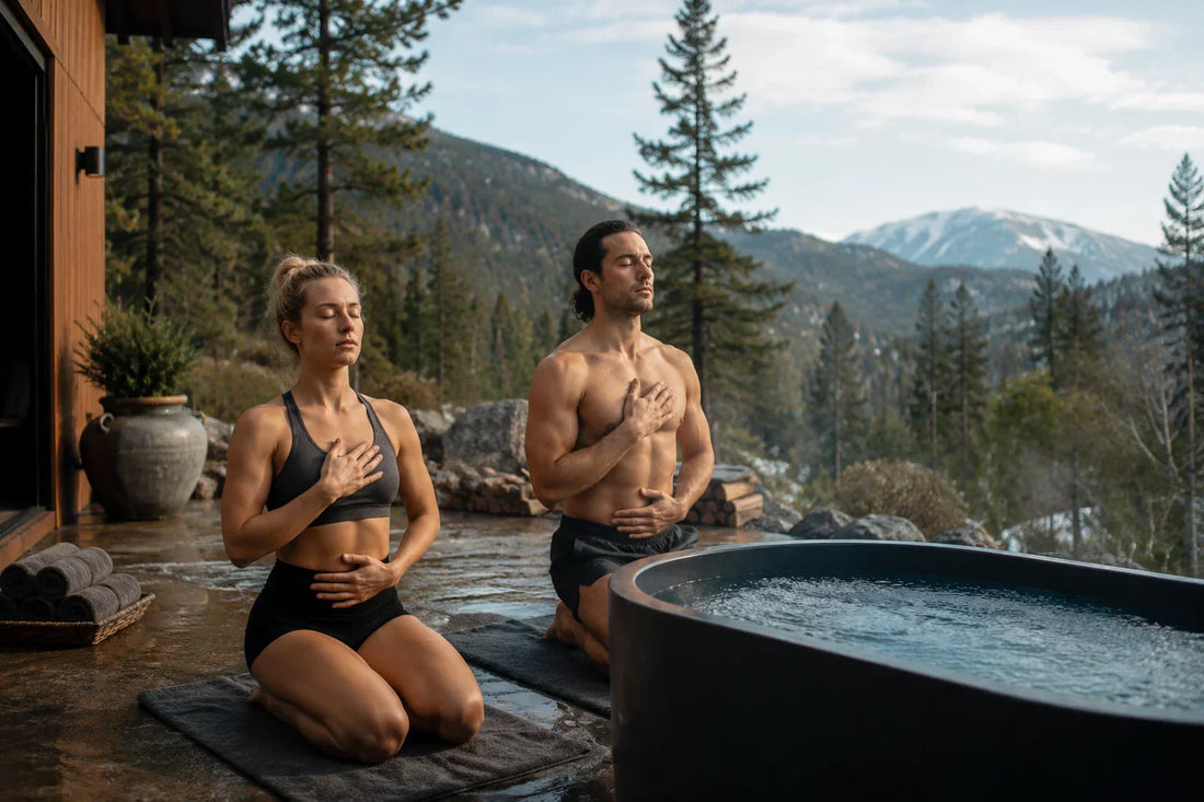 Man and woman sitting on the side of the cold plunge doing breathing exercises
