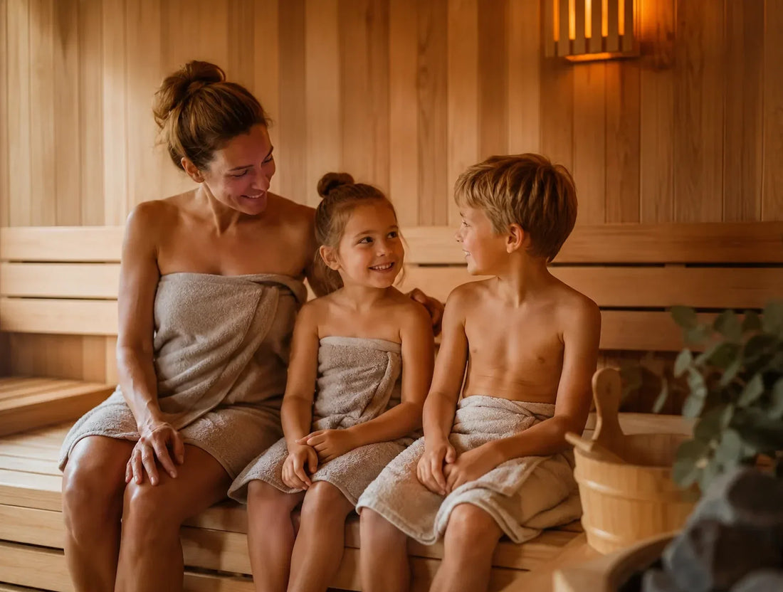 Woman sitting in a sauna with two children