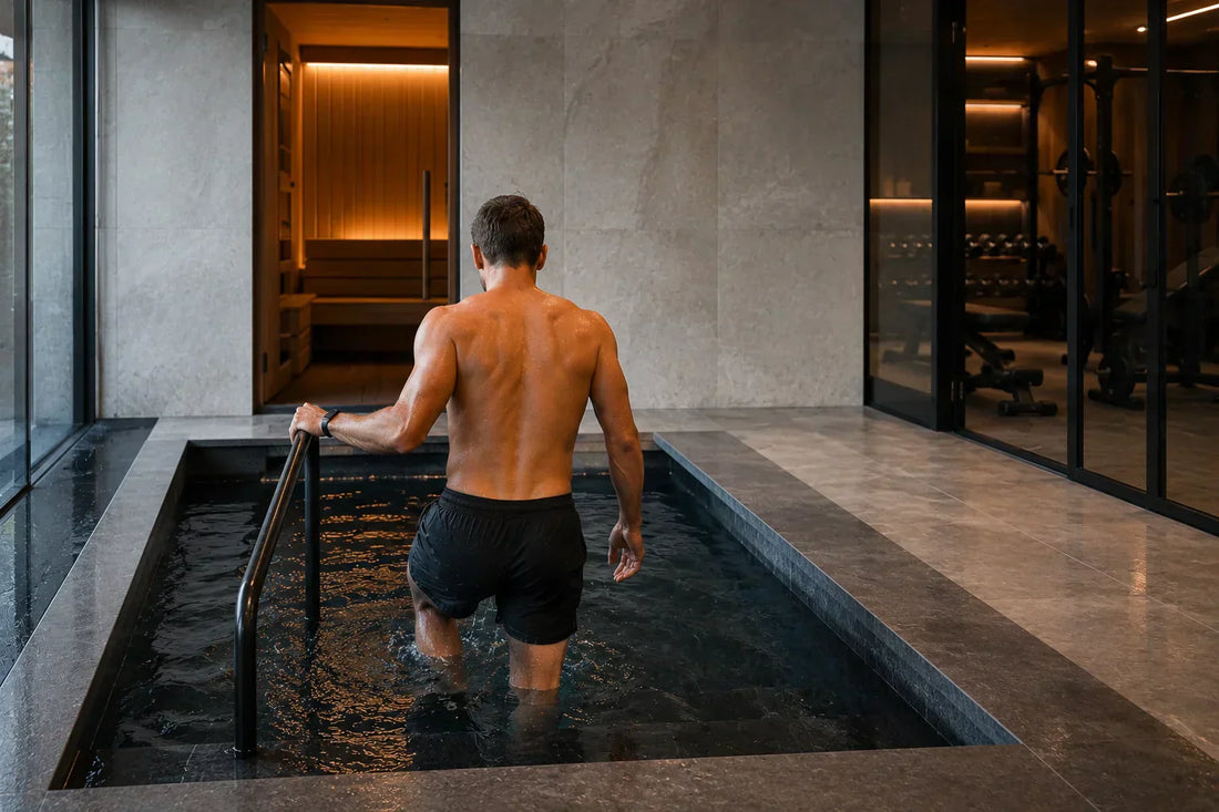Man walking into a cold plunge in a premium home wellness setting