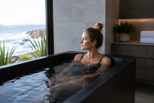 woman in a cold plunge in a home wellness setting