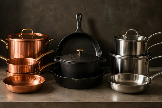 Copper, cast iron and stainless steel cookware side by side