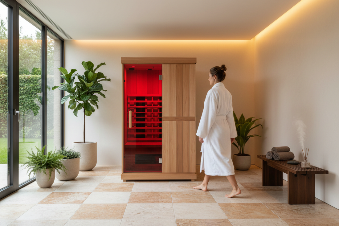 A woman walking towards an infrared sauna