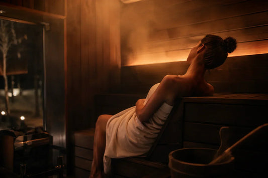 woman in sauna in a dark moody setting, night time