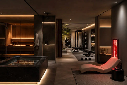 Luxury wellness room with sauna, cold plunge, lounge area, gym and red light therapy panel