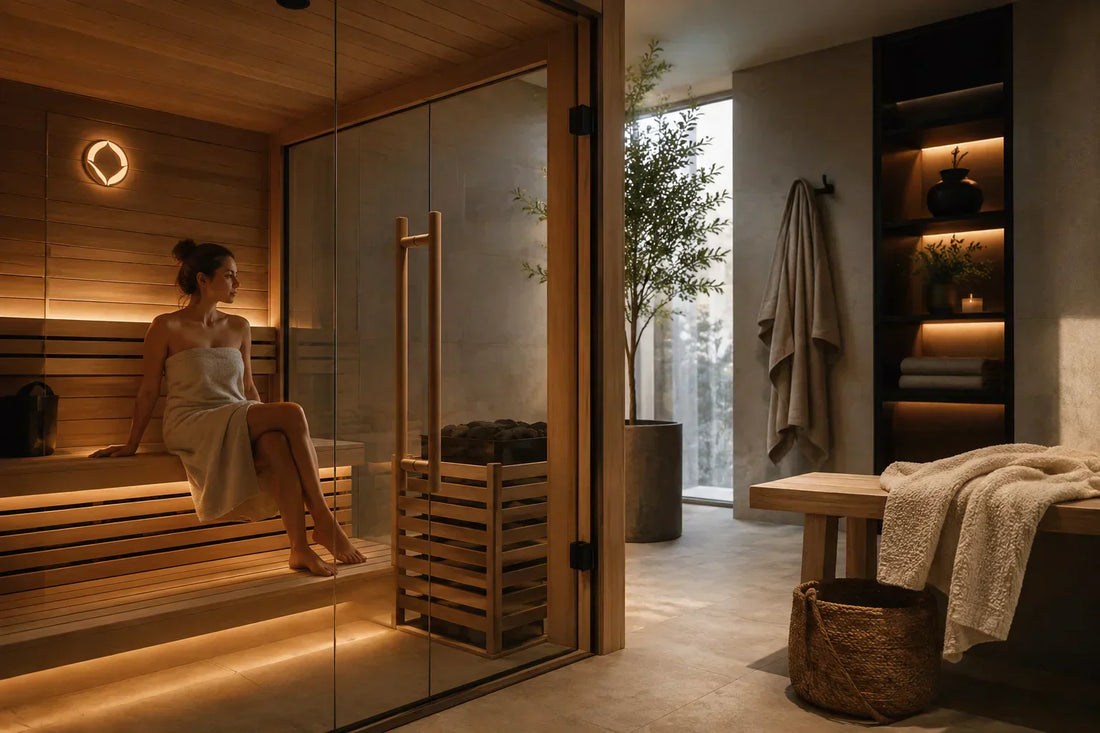 Woman sitting in a sauna in a premium home wellness setting