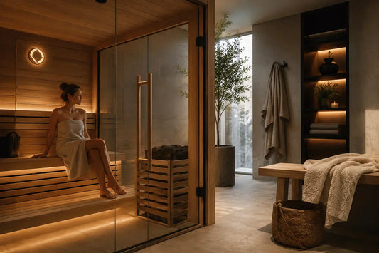 Woman sitting in a sauna in a premium home wellness setting