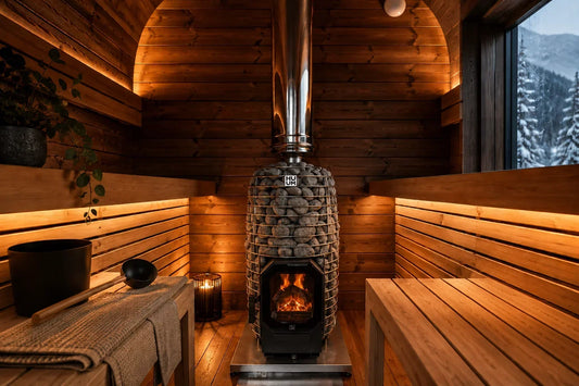 inside sauna with moody light and sauna heater running
