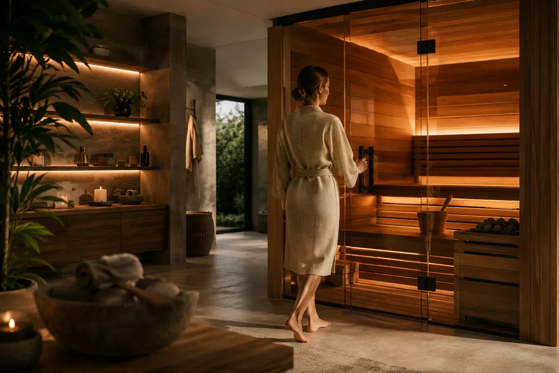 Woman entering a sauna in a premium home wellness setting