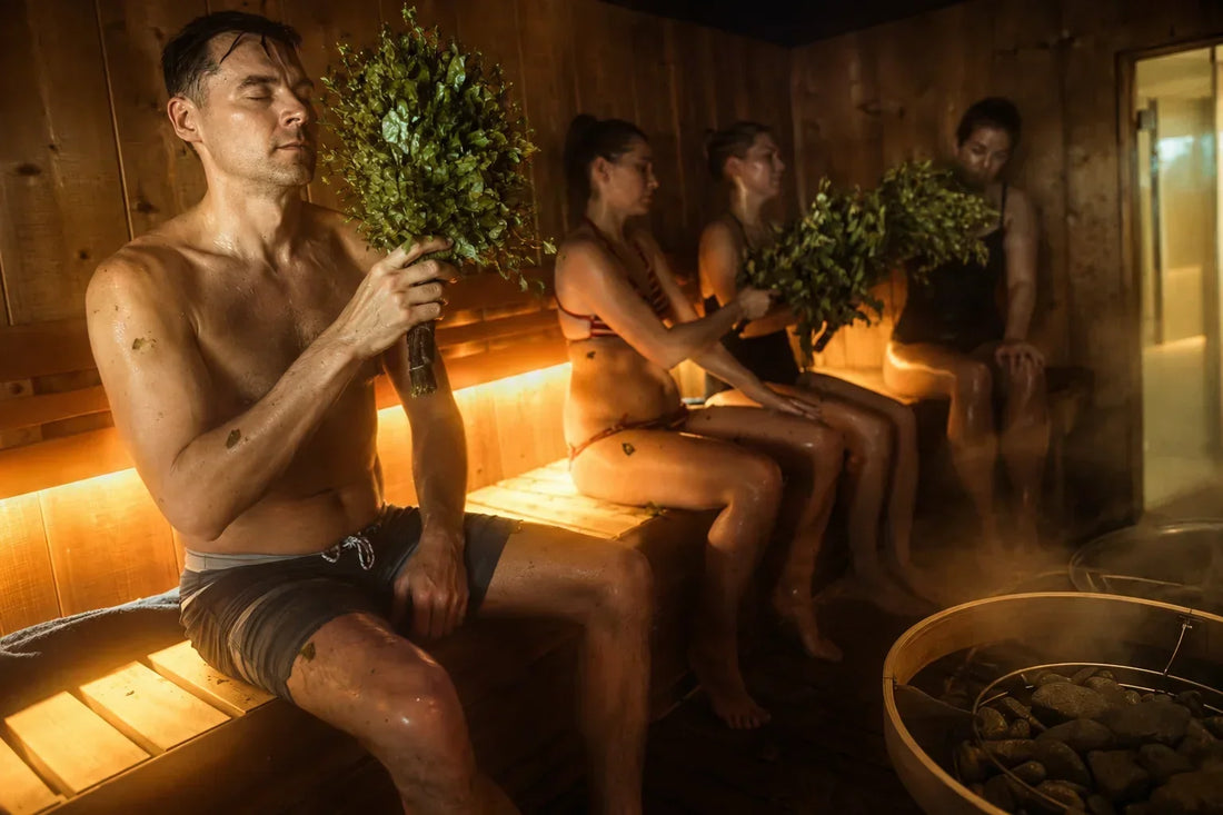 man and women in a sauna setting