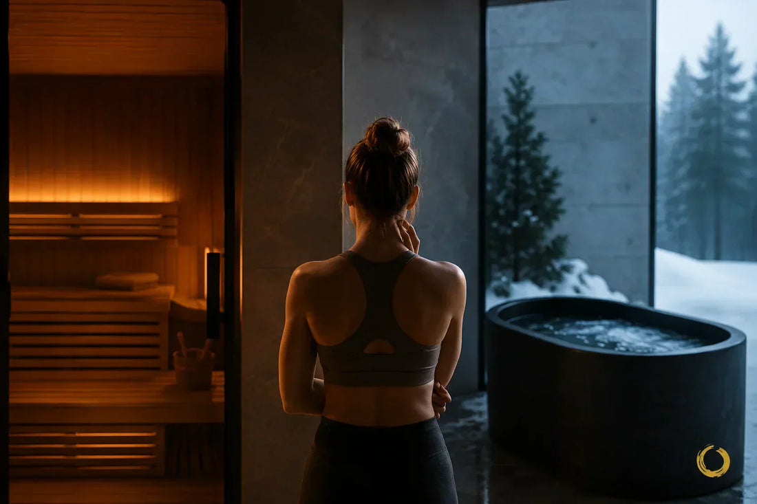 Woman choosing between sauna or cold plunge