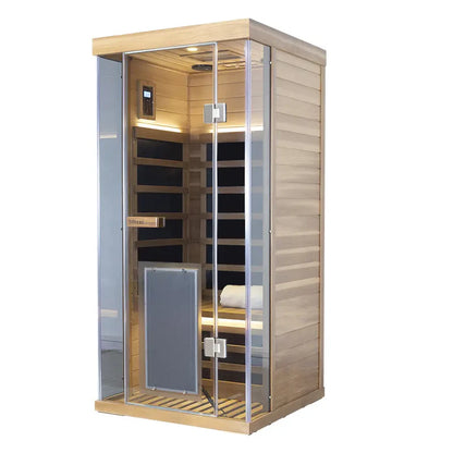 Wooden sauna with glass door on a white background