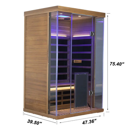 Infrared sauna with dimensions labeled on a white background