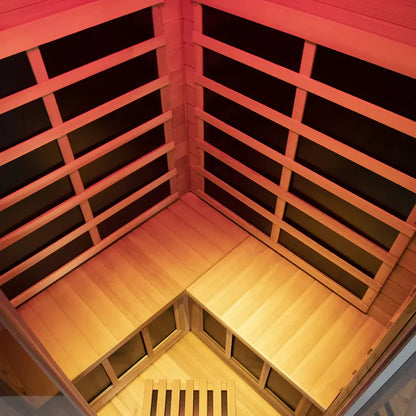 Infrared sauna with wooden benches and panels