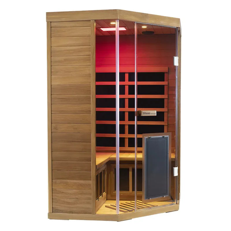 Infrared sauna with wooden exterior and glass door on a white background