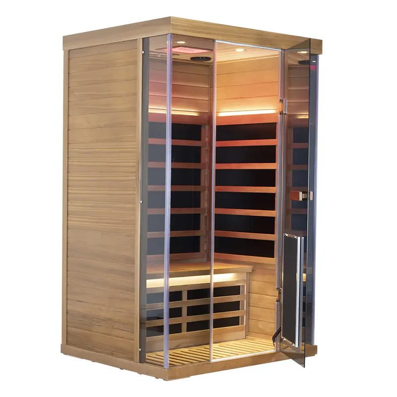 Wooden sauna with glass door on a white background