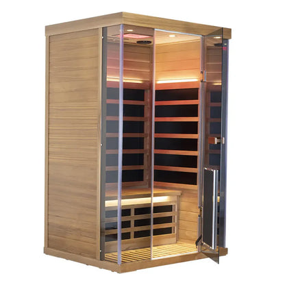Wooden sauna with glass door on a white background