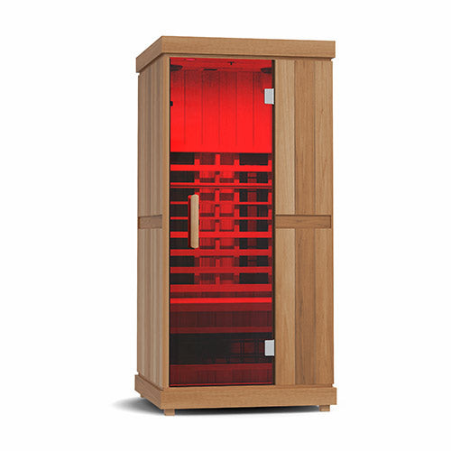 wooden infrared sauna on a white background.