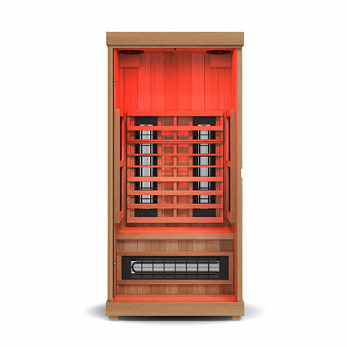 wooden infrared sauna on a white background.