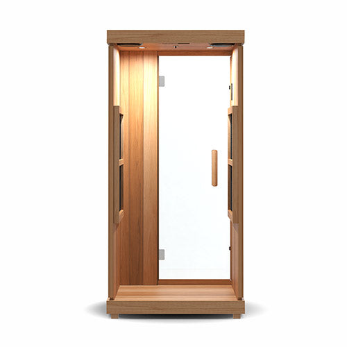 wooden infrared sauna on a white background from the back.