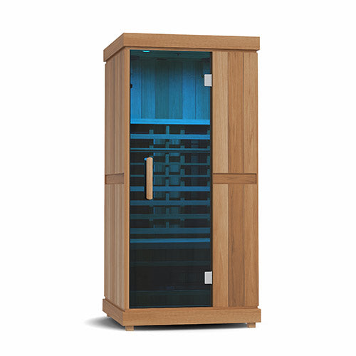 wooden infrared sauna on a white background.
