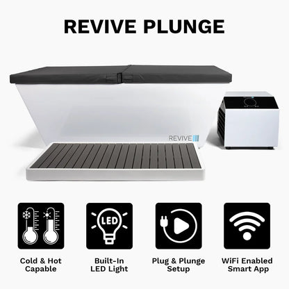 Revive Plunge Cold tub with features listed on a white background