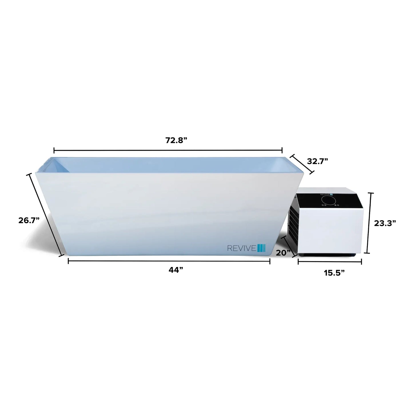 Dimensions of a rectangular Cold tub with a pump labeled 'Revive'.