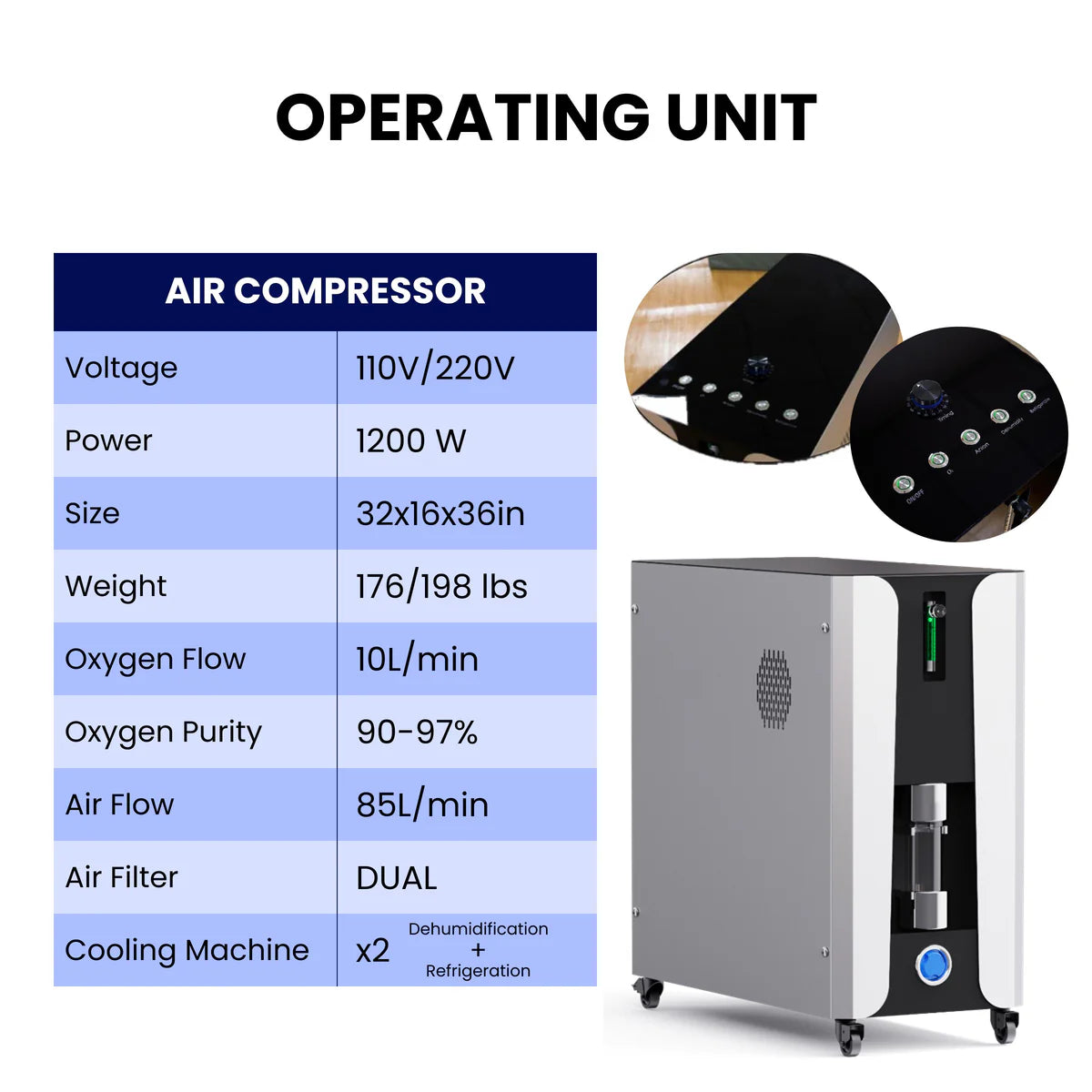 Air compressor with specifications on a white background