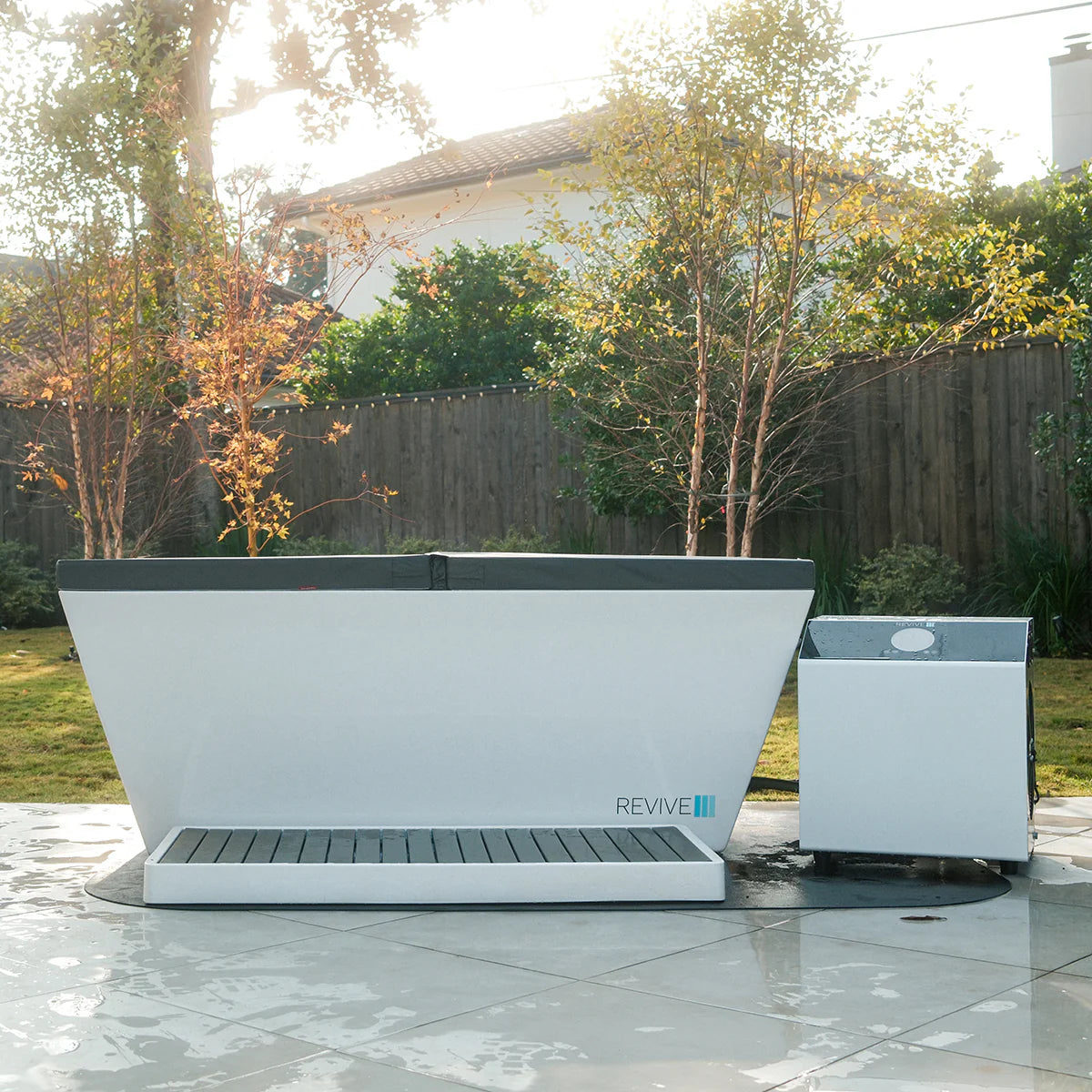 Outdoor setting with a large white and gray machine labeled 'REVIVE' on a tiled patio.