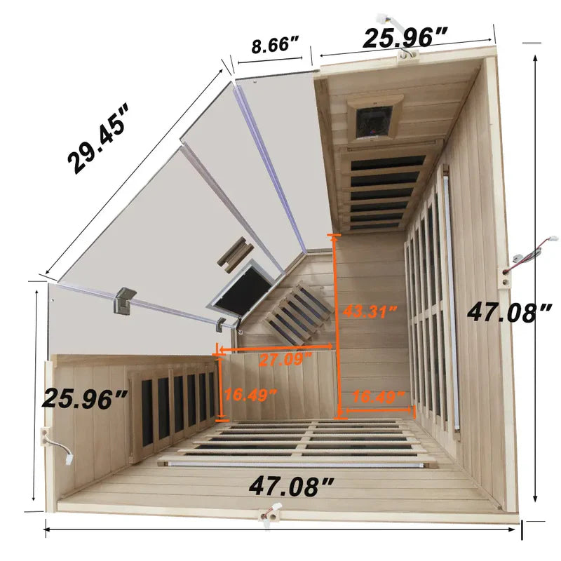 Measurement chart of a sauna with dimensions labeled